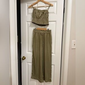 House of Harlow 1960 Olive Smocked Crop Top & Wide Leg Pants Set